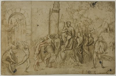 Akrobater som uppträder inför en linjal (recto); Utomhusscen med figurgrupp (verso) av Giovanni Antonio da Pordenone