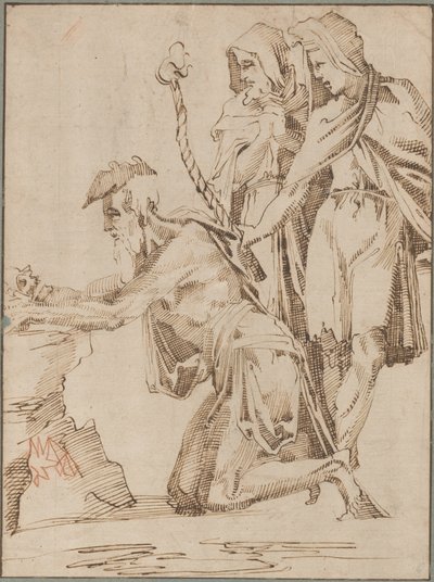 Knästående eremit och två draperade figurer som överväger en skalle av Giovanni Bandini