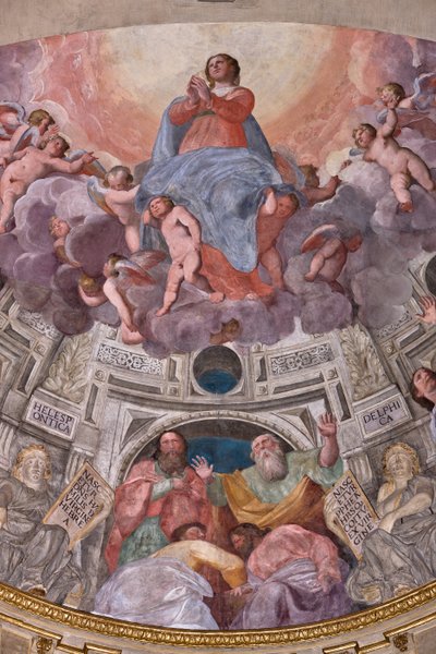 Genua, Duomo (St Lawrence Cathedral), inuti, Lercari-kapellet eller det heliga sakramentets kapell (norra absiden), absid: "Jungfruns antagande", fresk av Giovanni Battista Castello känd som Bergamasco av Giovanni Battista Castello