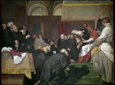 Quadroni de San Carlo: avsnitt av Saint Charles Borromees liv (1538-1584): helgonet grundade College of Jesuites, Barnabites and Theatins (Quadroni of St Charles: life and miracles of St Charles Borromeo: St Charles founding jesuit, theatines en av Giovanni Battista  Crespi