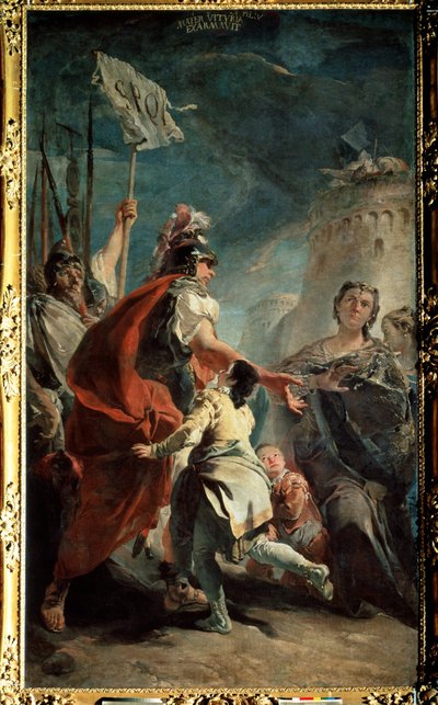 Coriolanus (Caius Marcius Coriolanus) före Roms portar (Coriolanus före Roms portar). Målning av Giambattista Tiepolo (1696-1770). Olja på duk, 387 x 224 cm, ca 1730. Venetiansk skola, italiensk barockkonst. Eremitagemuseet, St. P av Giovanni Battista Tiepolo