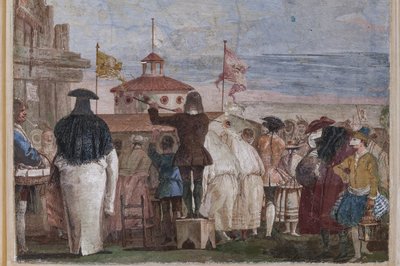 Guest Lodgings, the Room of the Carnival Scenes: "New World", en scen med masker som imiterar en oljemålning av Giovanni Battista Tiepolo