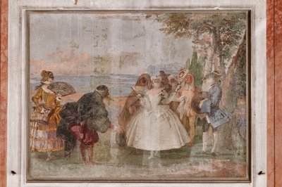 Guest Logis, the Room of the Carnival Scenes: "Pantalone and Columbina", en scen med masker av Giovanni Battista Tiepolo