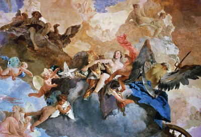 Kidnappning av Venus av Kronos, detalj av Sun Chariots kurs, fresk av Giambattista Tiepolo (1696-1770), Tapestry Gallery, Palazzo Clerici, Milano, Lombardiet, Italien av Giovanni Battista Tiepolo