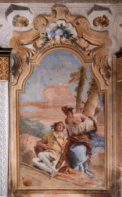 Palazzina (liten byggnad): andra rummet eller rummet i Ariosto med fresker som representerar avsnitt från "Orlando Furioso": "Angelica och Medoro graverar sina namn på växternas bark" av Giovanni Battista Tiepolo
