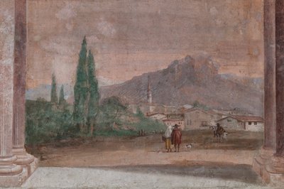 Palazzina (liten byggnad): utsikt över det första rummet och dess fresker som representerar episoder från Iliaden: "Amor med pilar som flyger över ett venetianskt landskap", detalj om landskapet av Giovanni-Battista Tiepolo