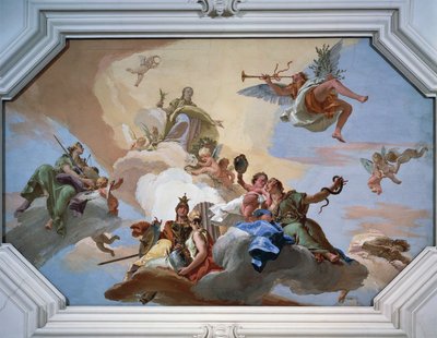 Triumph of Glory tillkännagav av Fame som står bland kardinaldygderna av Giovanni Battista Tiepolo