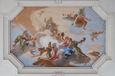 Triumph of Glory tillkännagav av Fame som står bland kardinaldygderna av Giovanni Battista Tiepolo
