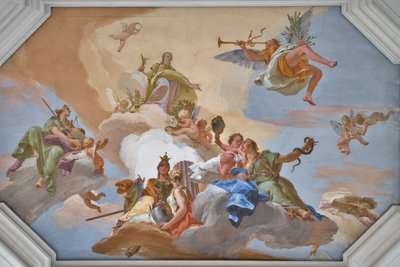 Triumph of Glory tillkännagav av Fame som står bland kardinaldygderna av Giovanni Battista Tiepolo