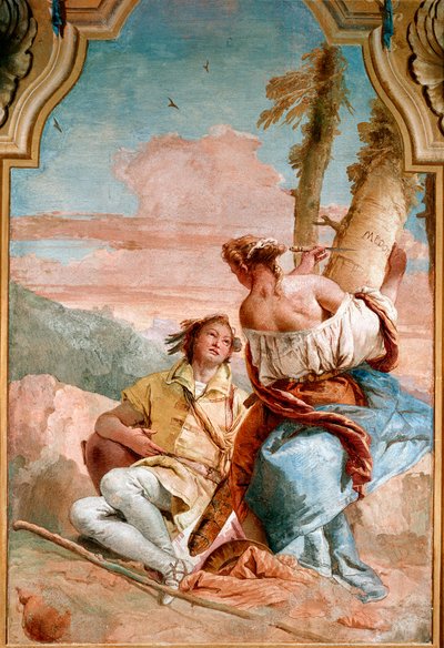 Angelique et Medor - Illustration för "The Furious Roland" (Orlando Furioso) av Ludovic Arioste (Ariosto) som representerar Angelica (Angelica) som skriver in namnet på Medor (Medoro), som hon just har gått med, på en trädstam - Fresco av Giambattista Tiep av Giovanni Battista Tiepolo