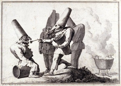 Gruppen av Pulcinella (italienska Polichinelle). Ritning i penna och tvätt på pennmärke av Giovanni Battista (Giambattista) Tiepolo (1696-1770). av Giovanni Battista Tiepolo
