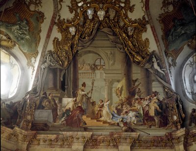 Bröllopet mellan Beatrice av Bourgogne och Fredrik I av Hohenstaufen (1122-1190) känd som Frederic Barberousse, kung av Tyskland och germansk kejsare 1156 Fresco av Giovanni Battista (Giambattista) Tiepolo (1696-1770). 1752 Palace of Wurzburg (Würzburg) Ge av Giovanni Battista Tiepolo