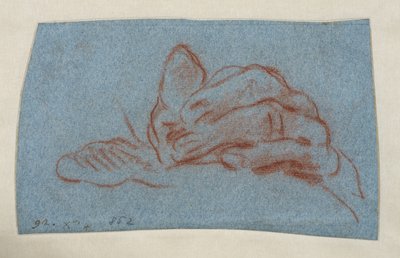 Studie av en vänsterhand, ca 1750-1754 (röd krita med stämpel på blått lagt papper) av Giovanni Battista (attr. to) Tiepolo