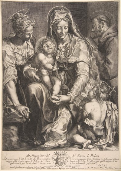 Jungfru och barn med Saint Catherine, Francis of Assisi och Johannes Döparen, mitten av 1600-talet. av Giovanni Battista Bonacina