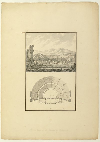 Utsikt och plan över Theatre of Hierapolis (nu Pamukkale), ca 1750 (penna & bläck och tvätt på papper) av Giovanni Battista Borra