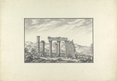 Utsikt över ruinerna av ett joniskt tempel vid Sardis, troligen Neptunus tempel, ca 1750 (grå tvätt, penna och bläck och penna på papper) av Giovanni Battista Borra