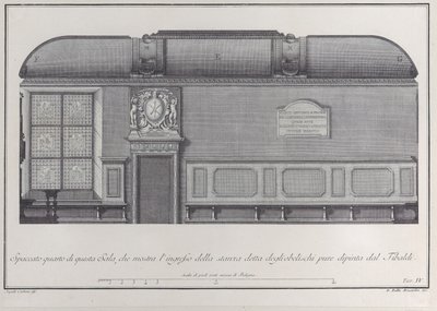 Plåt 4: tvärsnitt av Hall of the Institute of Bologna, med ingången till r..., 1756. av Giovanni Battista Brostoloni