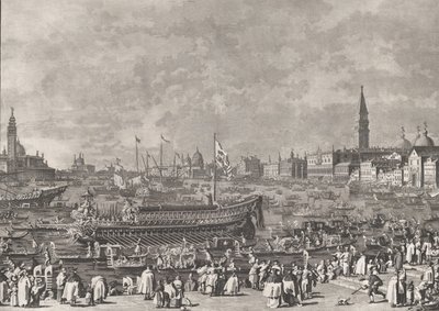 Plåt 5: Dogen i Bucintoro Avgår till Porto di Lido på Kristi himmelsfärdsdag, f..., ca. 1766. av Giovanni Battista Brostoloni