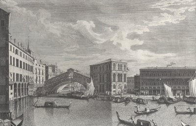 Rialtobron, Venedig, med båtar och gondoler i vattnet, 1763. av Giovanni Battista Brostoloni