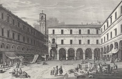 Utsikt över marknadstorget nära kyrkan San Giacomo, 1763., 1763. av Giovanni Battista Brostoloni