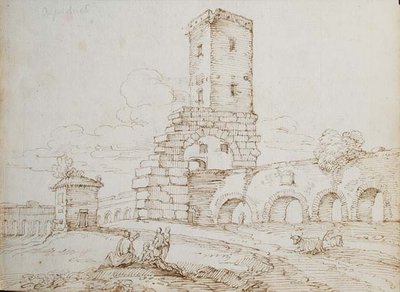 Figurer framför en akvedukt (brunt bläck över svart krita på papper) av Giovanni Battista Busiri