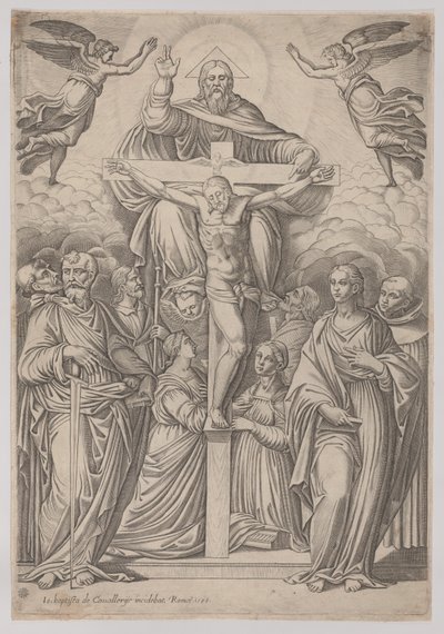 Treenigheten, med korsfästelsen i centrum och helgonen på båda sidor, 1586. av Giovanni Battista Cavalieri