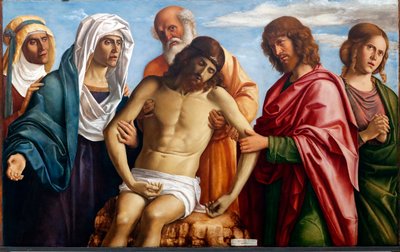 Död Kristus stödd av Jungfru Maria, Nikodemus, Johannes evangelisten och de två Mariana (målning) av Giovanni Battista Cima da Conegliano