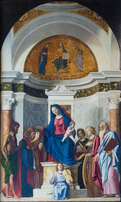 Entroniserad madonna med barn och Johannes Döparen, St Cosmas, St Damian, ca 1507 (olja på trä) av Giovanni Battista Cima da Conegliano