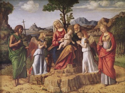 Heligt samtal (Den heliga familjen omgiven av änglar, Saint Lucy och Saint John the Baptiste), med stopp före flygningen till Egypten, ca 1490 av Giovanni Battista Cima da Conegliano
