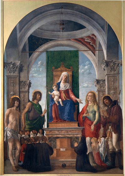 Madonna och barn på tronen med den helige Sebastian, den helige Johannes döparen, den heliga Maria Magdalena, den heliga Roch och medlemmar av brödraskapet i San Giovanni Evangelista av Giovanni Battista Cima da Conegliano