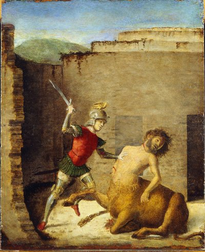 Thesee terrassant le Minotaure (kentaurer) - Theseus Slaying Minotaur - Cima da Conegliano, Giovanni Battista (ca 1459-1517) - 1505 - Olja på trä - 87,4x73,5 - Museo Poldi Pezzoli, Milano av Giovanni Battista Cima da Conegliano