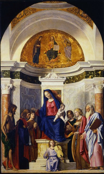 Jungfru och barn med de heliga Johannes Döparen, Cosmas och Damian, Catherine och Paul, ca 1506-1507 av Giovanni Battista Cima da Conegliano