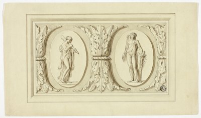 Två medaljonger med stående figurer av Omphale och Bacchus, åtskilda av ett mönster av akantusblad av Giovanni Battista Cipriani