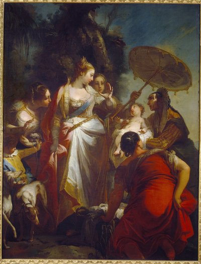 Upptäckten av Moses. (Fyndet av Moses). Faraos dotter bestämmer sig för att adoptera den nya som finns i en korg nära Nilen (Egypten). Målning av Giovanni Battista Crosato (cirka 1697-1758), olja på duk, cirka 1730. Italiensk konst (Venedig) av Giovanni Battista Crosato