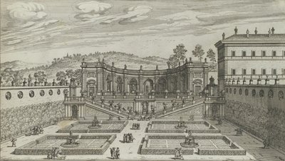 En annan perspektivvy av Teatro et Giardino Contigvo i Mondragone i Fras ..., 1691 eller senare. av Giovanni Battista Falda