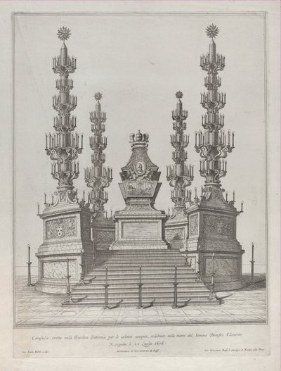 Katafalk för påven Clement X: en central struktur upphöjd på en plattform med 15 trappsteg, med c..., 1676. av Giovanni Battista Falda