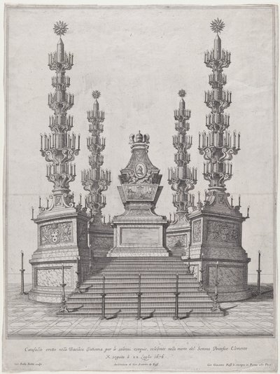 Katafalk för påven Clement X, central struktur på toppen av en femtonstegsplattform, med..., 1676. av Giovanni Battista Falda