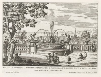 Fontein in de tuinen van de Villa Aldobrandini te Frascati Belvedere-fontänen i Frascati, byggd ovanför nivån för föregångaren på denna sida (...) (titel på objektet) Fontänerna i Frascati-villorna (serietitel) Fonteinen van Frascati (serietitel) av Giovanni Battista Falda