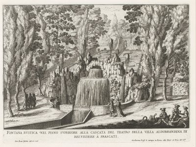 Fontein in de tuinen van de Villa Aldobrandini te Frascati Rustik fontän på övervåningen vid teaterns vattenfall (...) (titel på objekt) Fontänerna i Frascati-villorna (serietitel) Fonteinen van Frascati (serietitel) av Giovanni Battista Falda