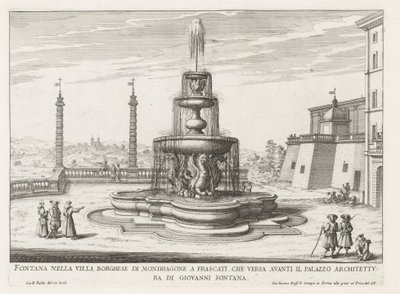 Fontein in de tuinen van de Villa Mondragone te Frascati Fontän i Villa Borghese di Mondragone i Frascati (...) (titel på objekt) Fontänerna i Frascati-villorna (serietitel) Fonteinen van Frascati (serietitel) av Giovanni Battista Falda