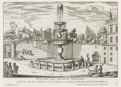 Fontän i Vatikanen Fontana nel Palazzo Vaticano (titel på objekt) Fontane di Roma (serietitel) Fontäner i Rom (serietitel) av Giovanni Battista Falda