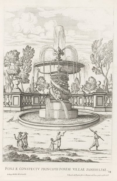 Fontein träffade dolfijnen i trädgården av Villa Doria Pamphilj te Rom Fontänen framför prinsens port i staden Pamfylien (titel på objektet) Le fontane ne palazzi e ne giardini di Roma (serietitel) Fonteinen in de paleizen en tuinen van Rome (serietitel av Giovanni Battista Falda
