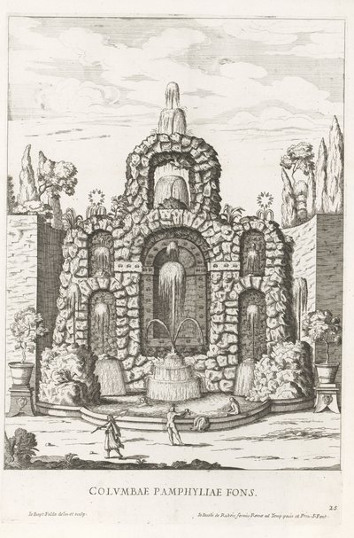 Fontän med duvor i trädgårdarna i Villa Doria Pamphilj i Rom Columbae Pamphyliae fons (titel på objekt) Le fontane ne palazzi e ne giardini di Roma (serietitel) Fontäner i Roms palats och trädgårdar (serietitel) av Giovanni Battista Falda