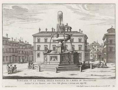 Fontein på Piazza Santa Maria in Trastevere Fontän på torget i basilikan S. Maria in Trastevere (titel på objektet) Fontäner i Rom (serietitel) Fonteinen van Rome (serietitel) av Giovanni Battista Falda