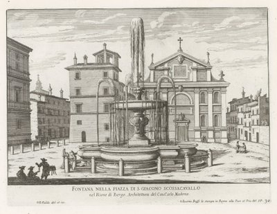 Fontein på Piazza Scossacavalli i Rom Fontän på Piazza di S. Giacomo Scossacavallo (titel på objekt) Fontäner i Rom (serietitel) Fonteinen van Rome (serietitel) av Giovanni Battista Falda