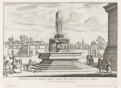 Fontein på Piazza del Popolo i Rom Fontän på Piazza della Porta del Popolo under spiran (titel på objektet) Fontäner i Rom (serietitel) Fonteinen van Rome (serietitel) av Giovanni Battista Falda