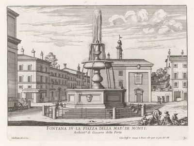 Fontein på Piazza della Madonna dei Monti te Rome Fontän på Piazza della Mad.a de Monti (titel på objekt) Fontäner i Rom (serietitel) Fonteinen van Rome (serietitel) av Giovanni Battista Falda