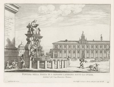 Fontein op Piazza di San Giovanni i Laterano te Rome Fontän på Piazza di S. Giovanni Laterano under spiran (titel på objektet) Fontäner i Rom (serietitel) Fonteinen van Rome (serietitel) av Giovanni Battista Falda