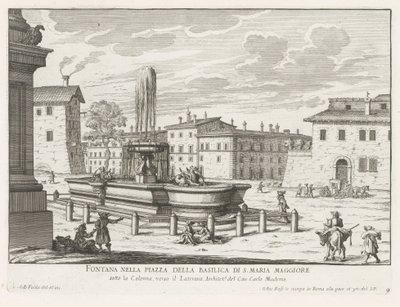 Fontein op Piazza di Santa Maria Maggiore i Rom Fontän på torget i basilikan S. Maria Maggiore (titel på objektet) Fontäner i Rom (serietitel) Fonteinen van Rome (serietitel) av Giovanni Battista Falda