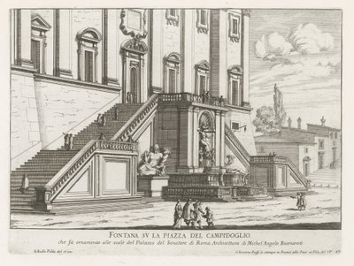 Fontän framför Palazzo Senatorio på Capitolium i Rom Fontana su la Piazza del Campidoglio (titel på objekt) Fontane di Roma (serietitel) Fontäner i Rom (serietitel) av Giovanni Battista Falda